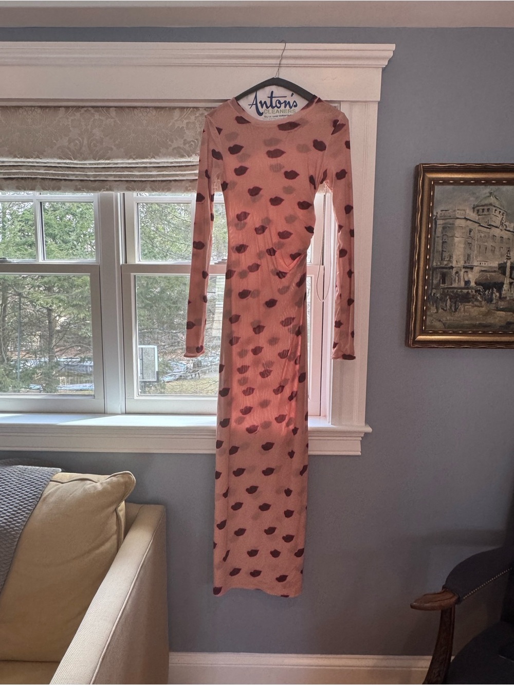 Stella McCartney blush Pink mesh long sleeve long Dress with Lip Print